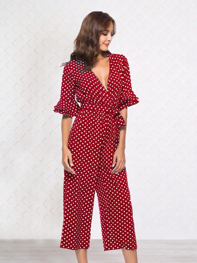 Mid-sleeve V-neck Dot Print Jumpsuit