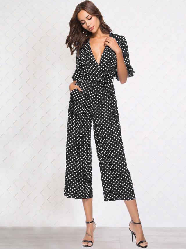 Mid-sleeve V-neck Dot Print Jumpsuit