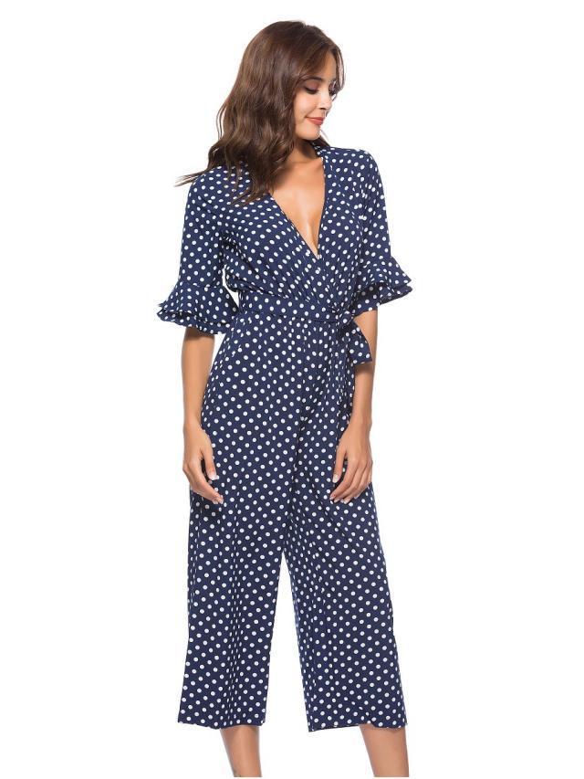 Mid-sleeve V-neck Dot Print Jumpsuit