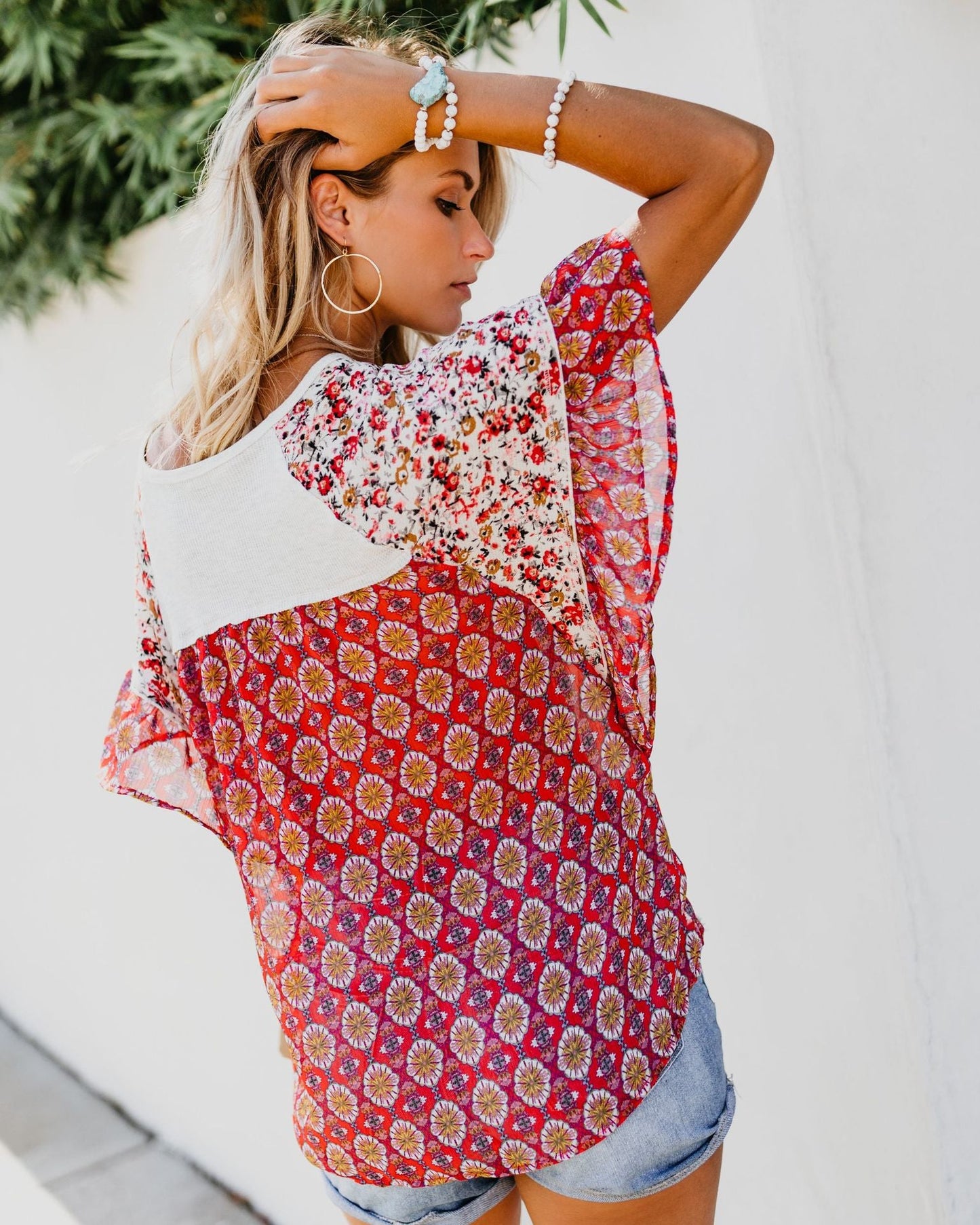 Boho Printed Geometric Irregularity Short-Sleeved Blouse Tops