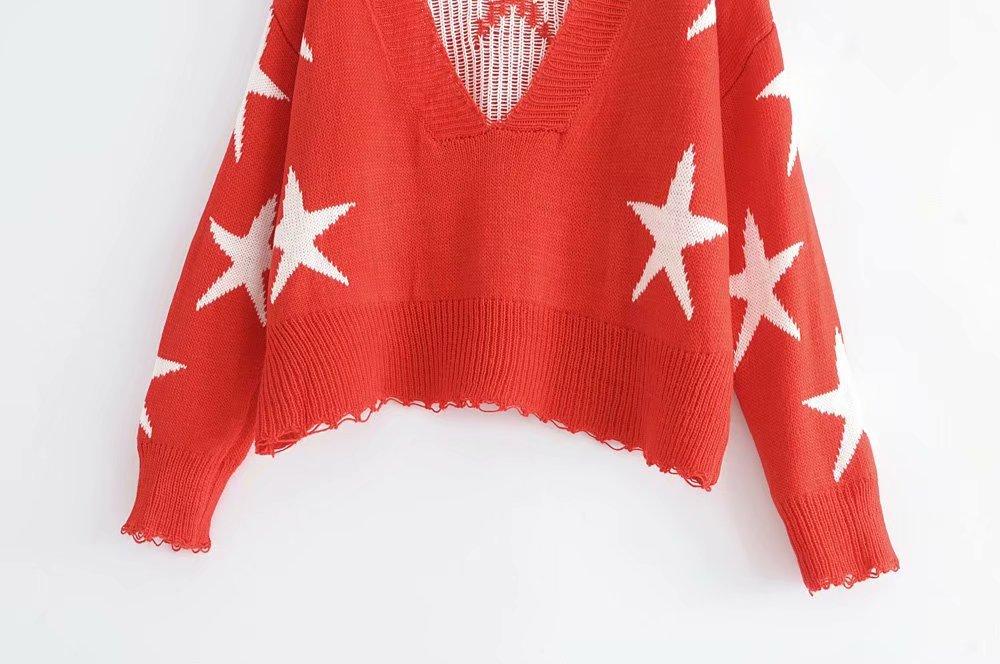 Autumn Long Sleeve Deep V Neck Star Tassels Sweater