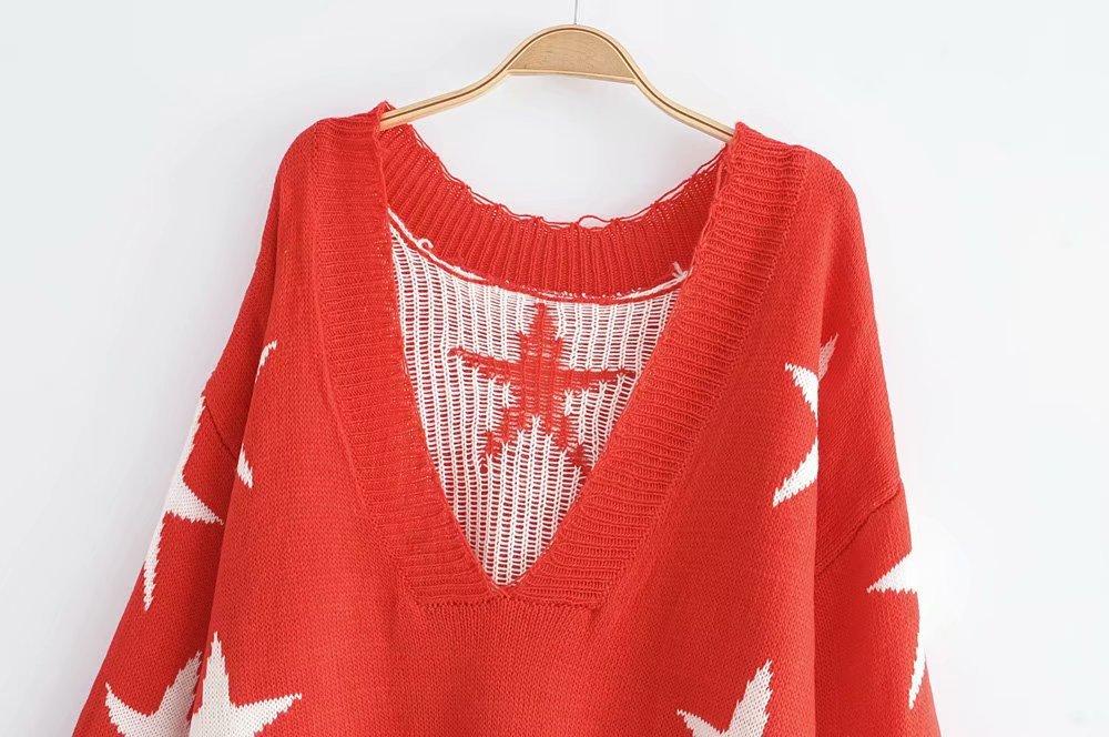 Autumn Long Sleeve Deep V Neck Star Tassels Sweater