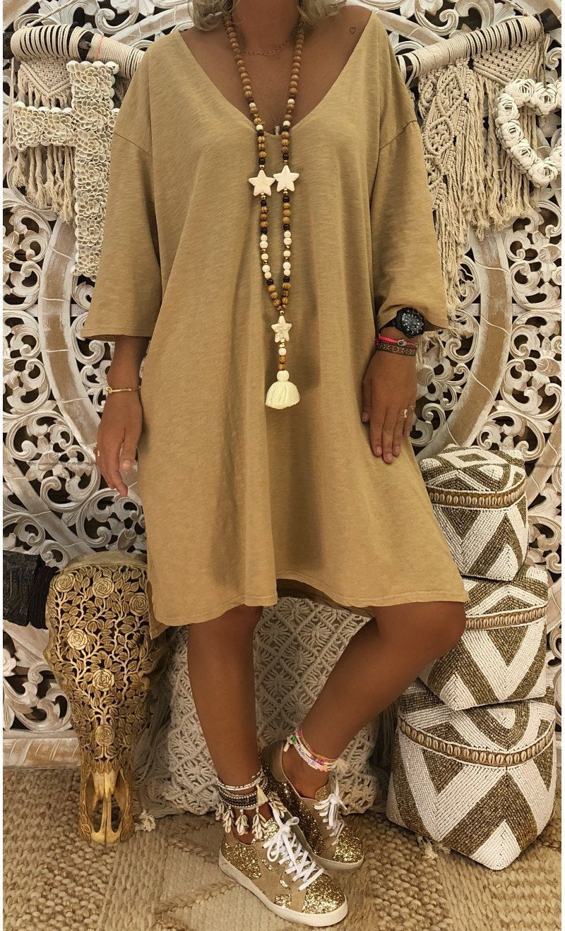 Solid Color V Neck Loose Casual Dress