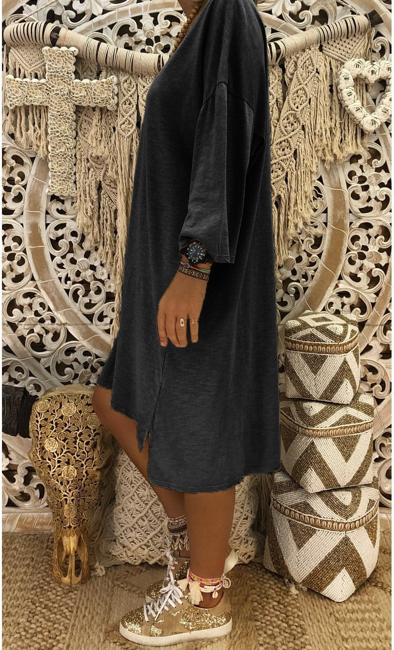 Solid Color V Neck Loose Casual Dress