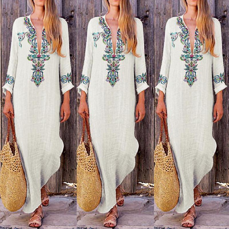 Autumn V Neck Long Sleeve Linen Cotton Maxi Dress