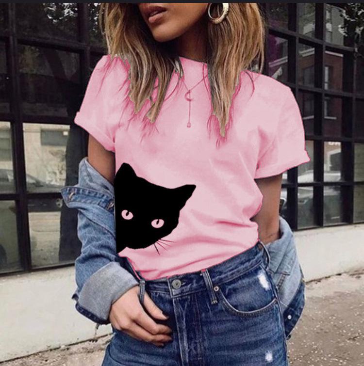 Cat Pattern Printed Crew Neck Slim Short Sleeve T-shirt