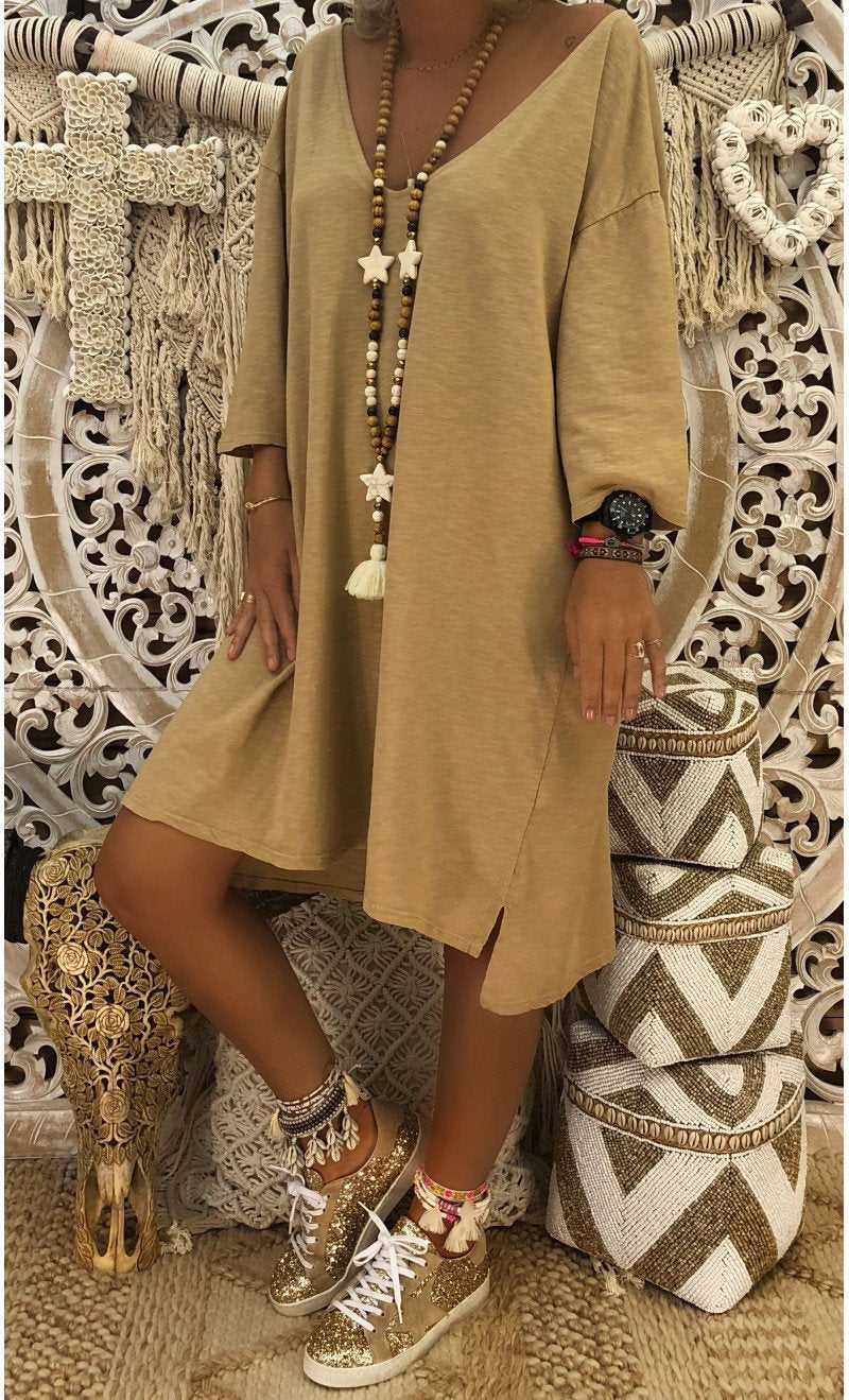 Solid Color V Neck Loose Casual Dress