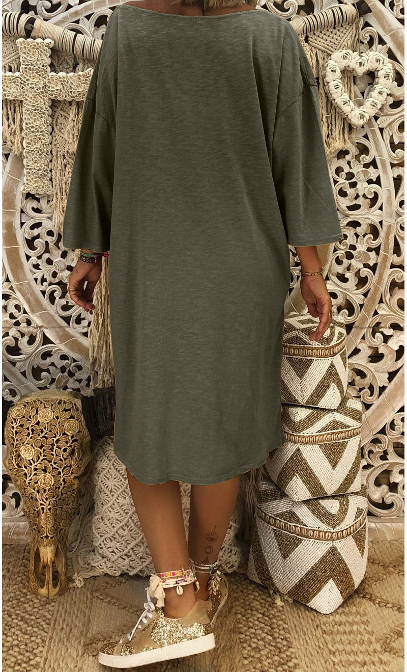 Solid Color V Neck Loose Casual Dress