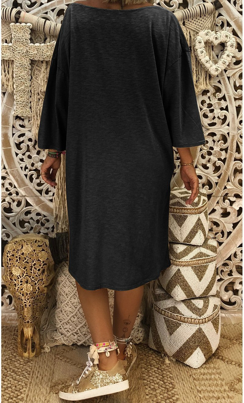 Solid Color V Neck Loose Casual Dress