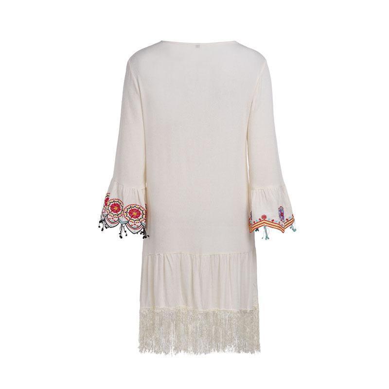 Embroidered Flared Sleeves Tassel Mini Dress