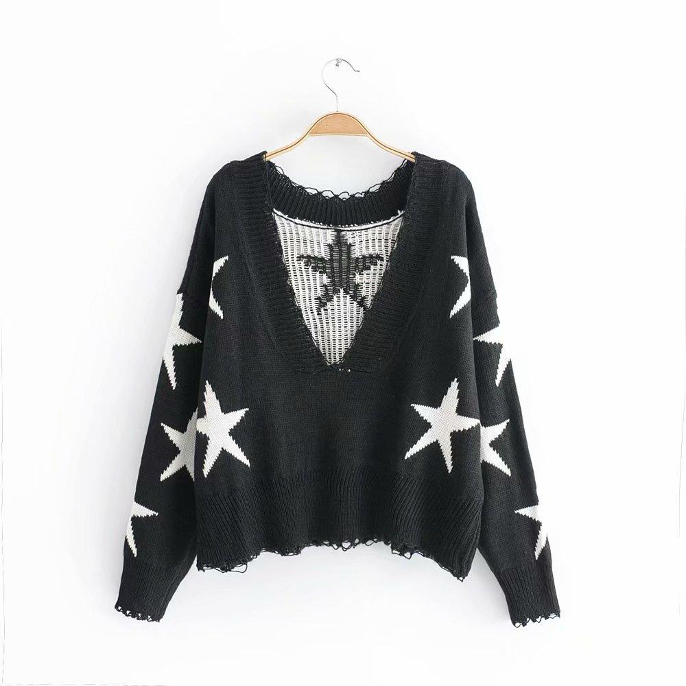 Autumn Long Sleeve Deep V Neck Star Tassels Sweater