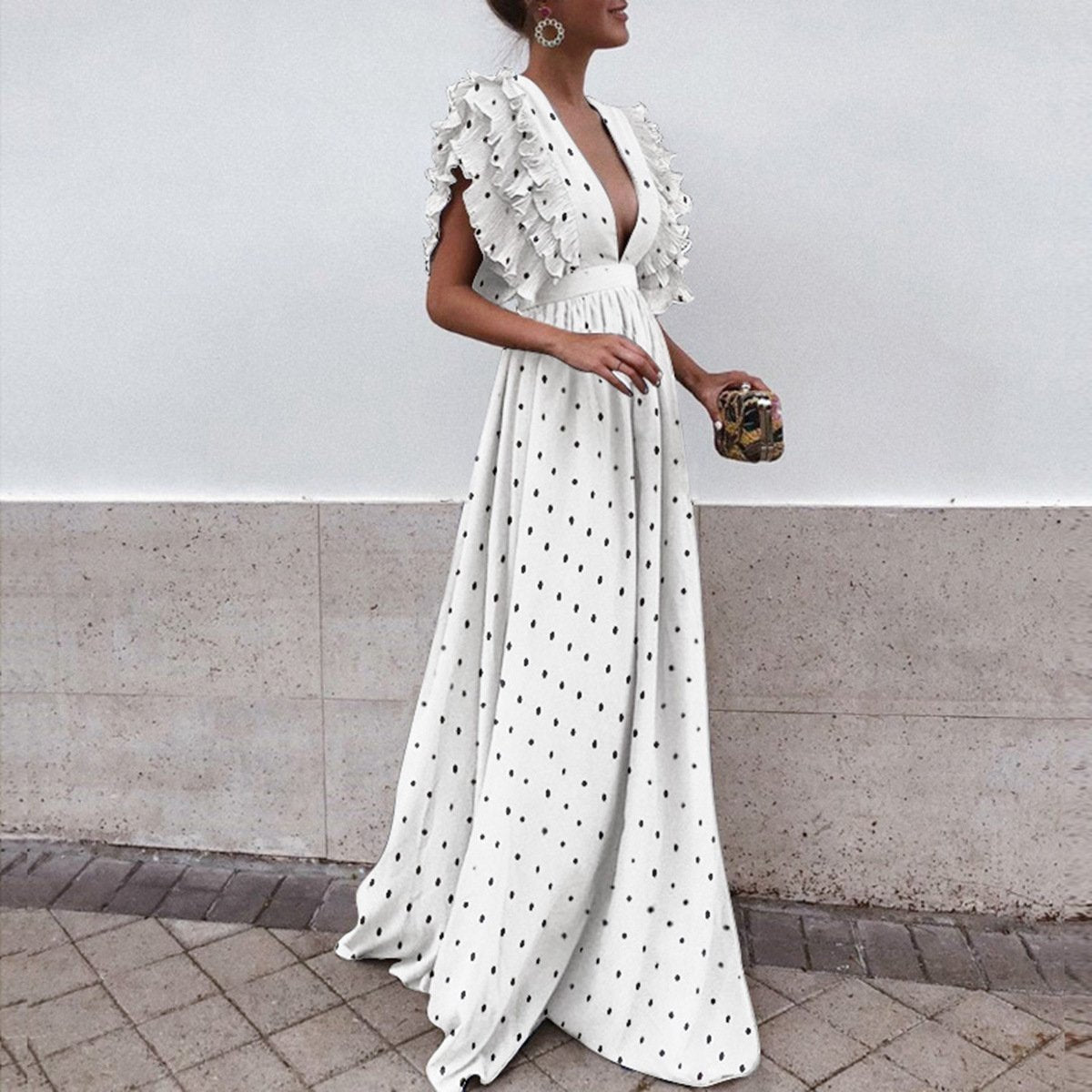 Polka Dot Deep V Neck Evening Maxi Dress