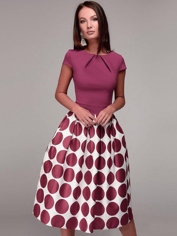 Summer Polka Dot Short Sleeve Evening Midi Dress