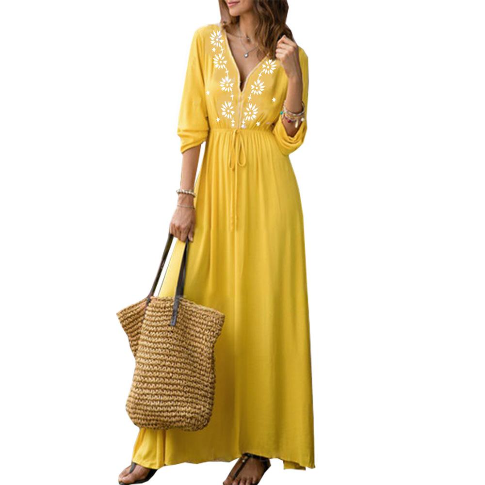 V-neck Long Sleeve Irregular Floral Maxi Dress