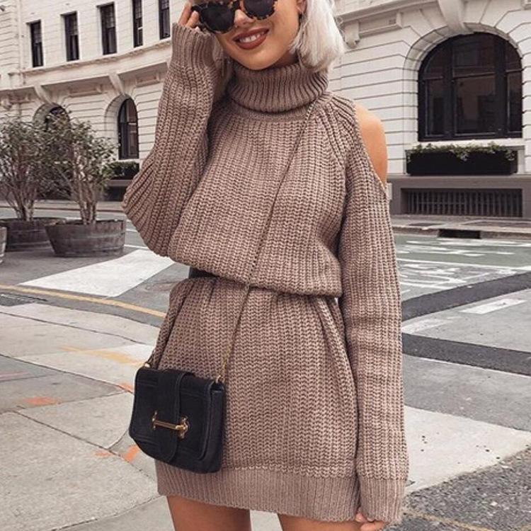 Sexy High Collar Long Sleeve Knit Midi Dress