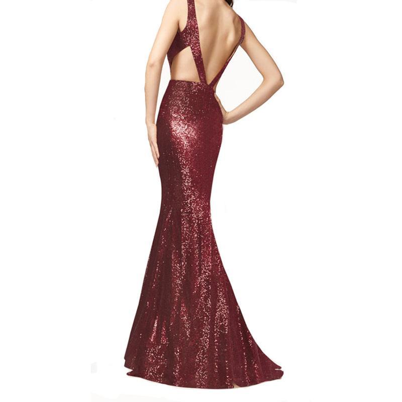 V-Neck Sleeveless Sequin Evening Gown