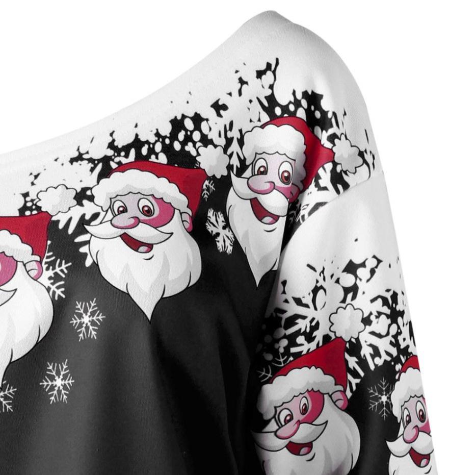 Santa Claus Print Oblique Shoulder Long Sleeve Tops