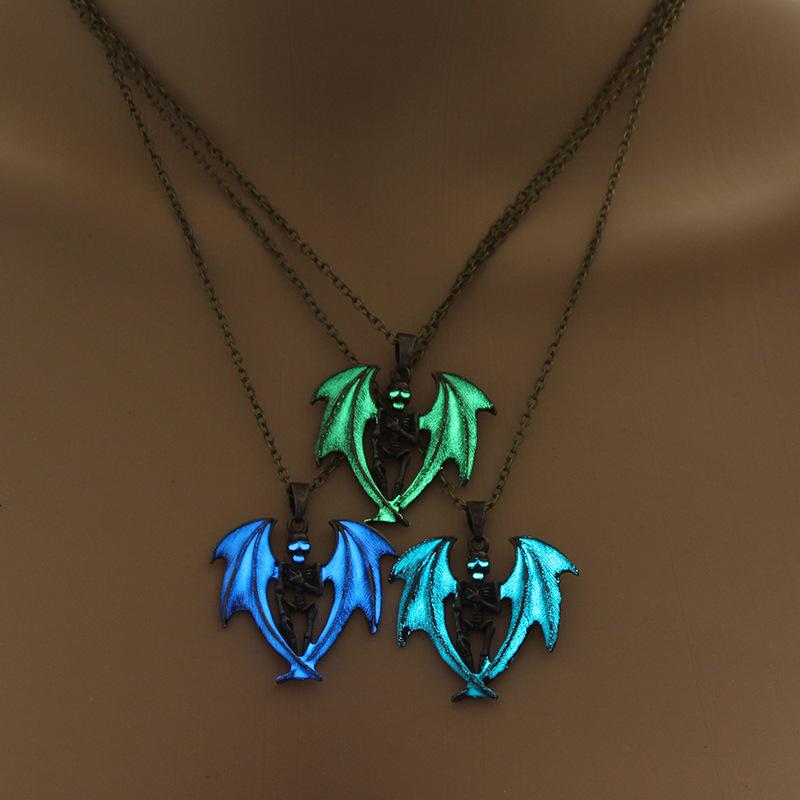 Halloween Skull Wings Glow in the Dark Pendant Necklace