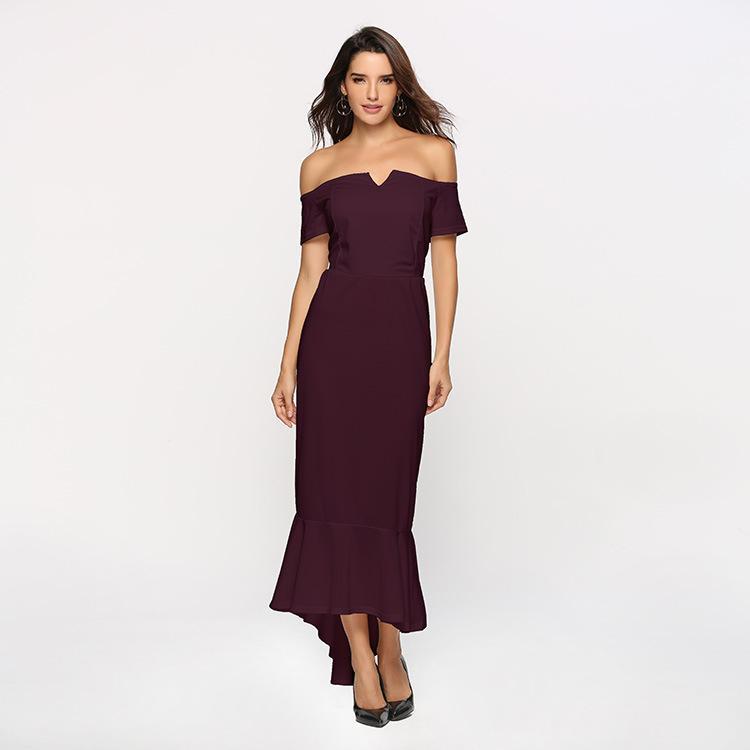 Solid Color Off Shoulder Irregular Evening Maxi Dress