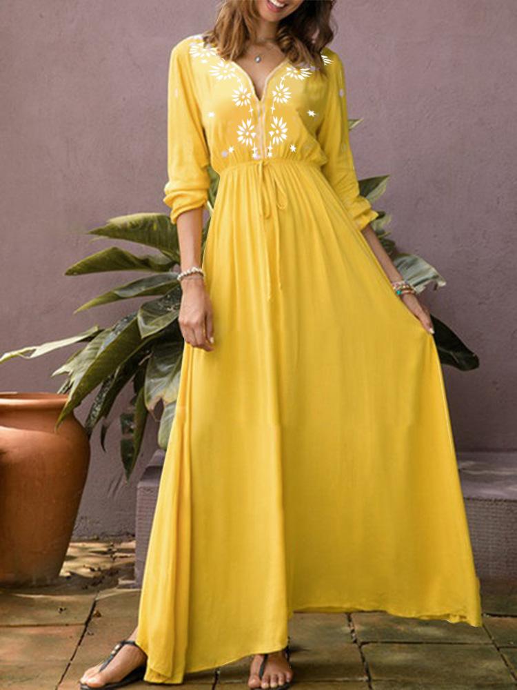 V-neck Long Sleeve Irregular Floral Maxi Dress