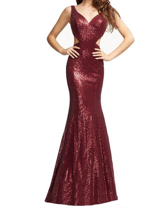 V-Neck Sleeveless Sequin Evening Gown