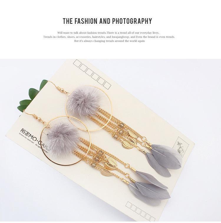 Bohemian Exaggerated Feather Shape Fringe Pierced Earrings