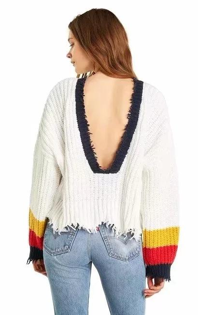 Solid Color Long Sleeve Deep V Neck Tassels Sweater