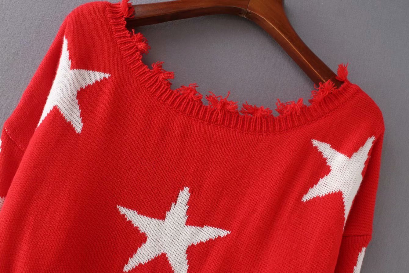 Autumn Long Sleeve Deep V Neck Star Tassels Sweater