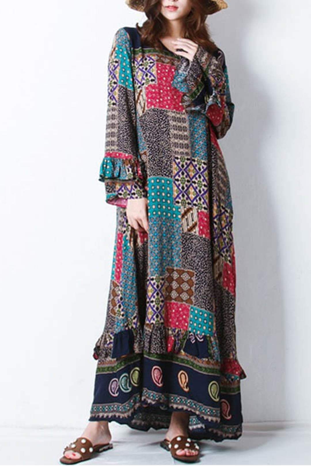 Bohemian Lotus Leaf Long Sleeve Print Loose Long Dress