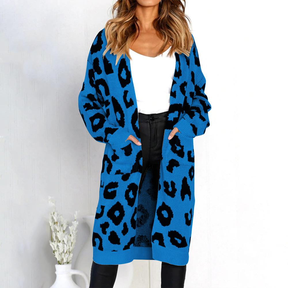 Long Sleeve Leopard Knit Loose Pocket Long Cardigan Coat