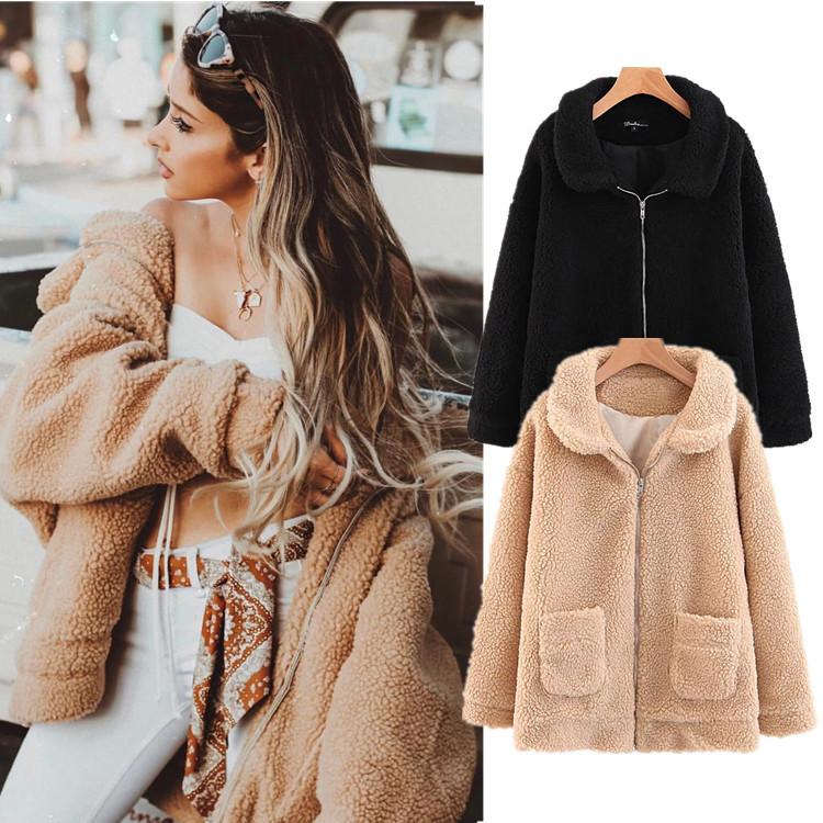 Solid Color Fluffy Faux Fur Coat with Pockets