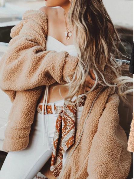 Solid Color Fluffy Faux Fur Coat with Pockets