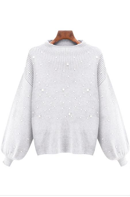 Casual Autumn Turtleneck Beading Knitted Pearl Pullover