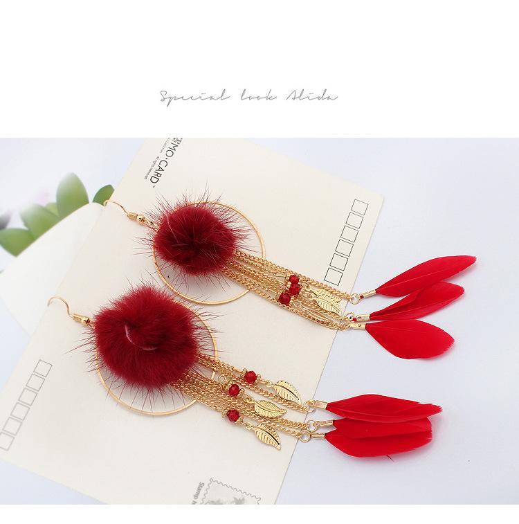 Bohemian Exaggerated Feather Shape Fringe Pierced Earrings