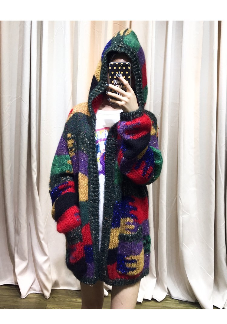 Autumn And Winter Colorful Knit Cardigan Lazy Wind Hooded Coat