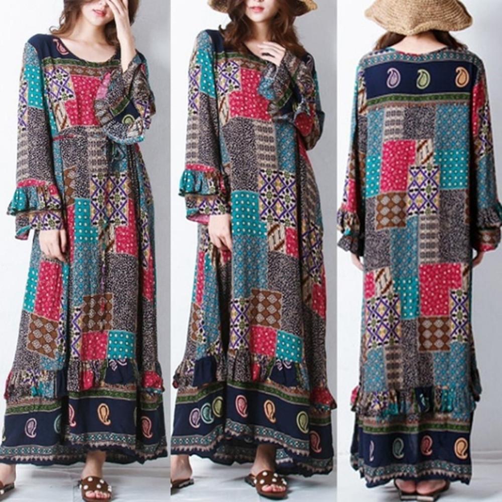 Bohemian Lotus Leaf Long Sleeve Print Loose Long Dress