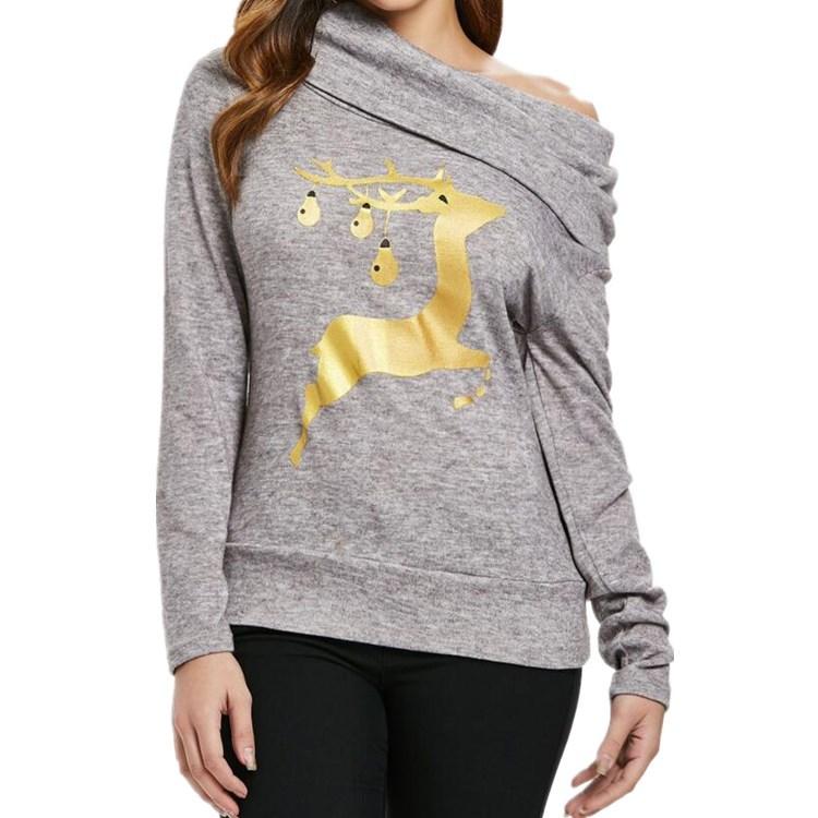 Christmas Deer Printed Heap Collar Long Sleeve Hoodie