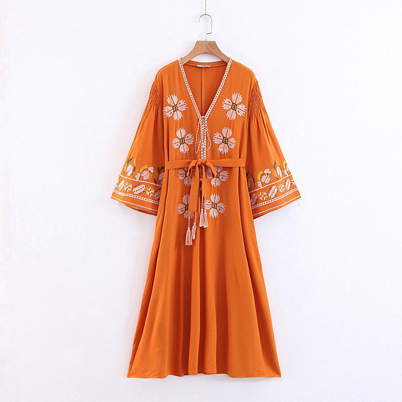 Boho Tassels Floral Embroidery V-neck Loose Long Dress