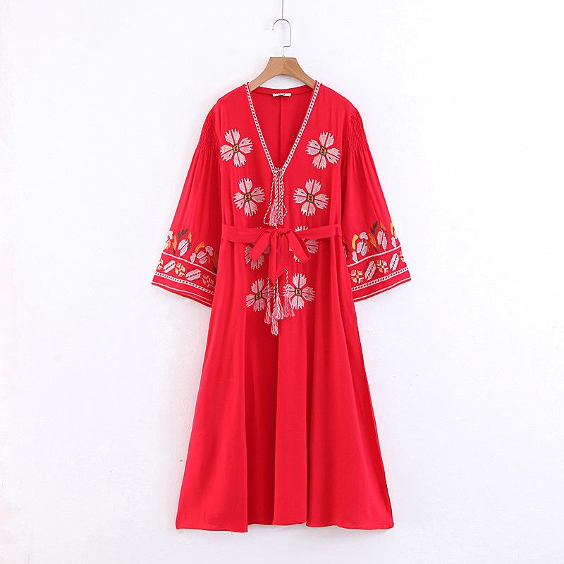 Boho Tassels Floral Embroidery V-neck Loose Long Dress