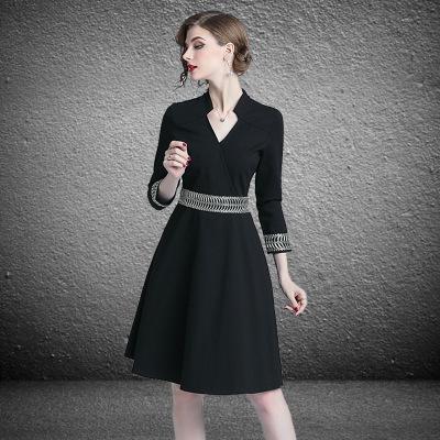 Autumn Black V-Neck Slim A-Line Skirt Midi Dress