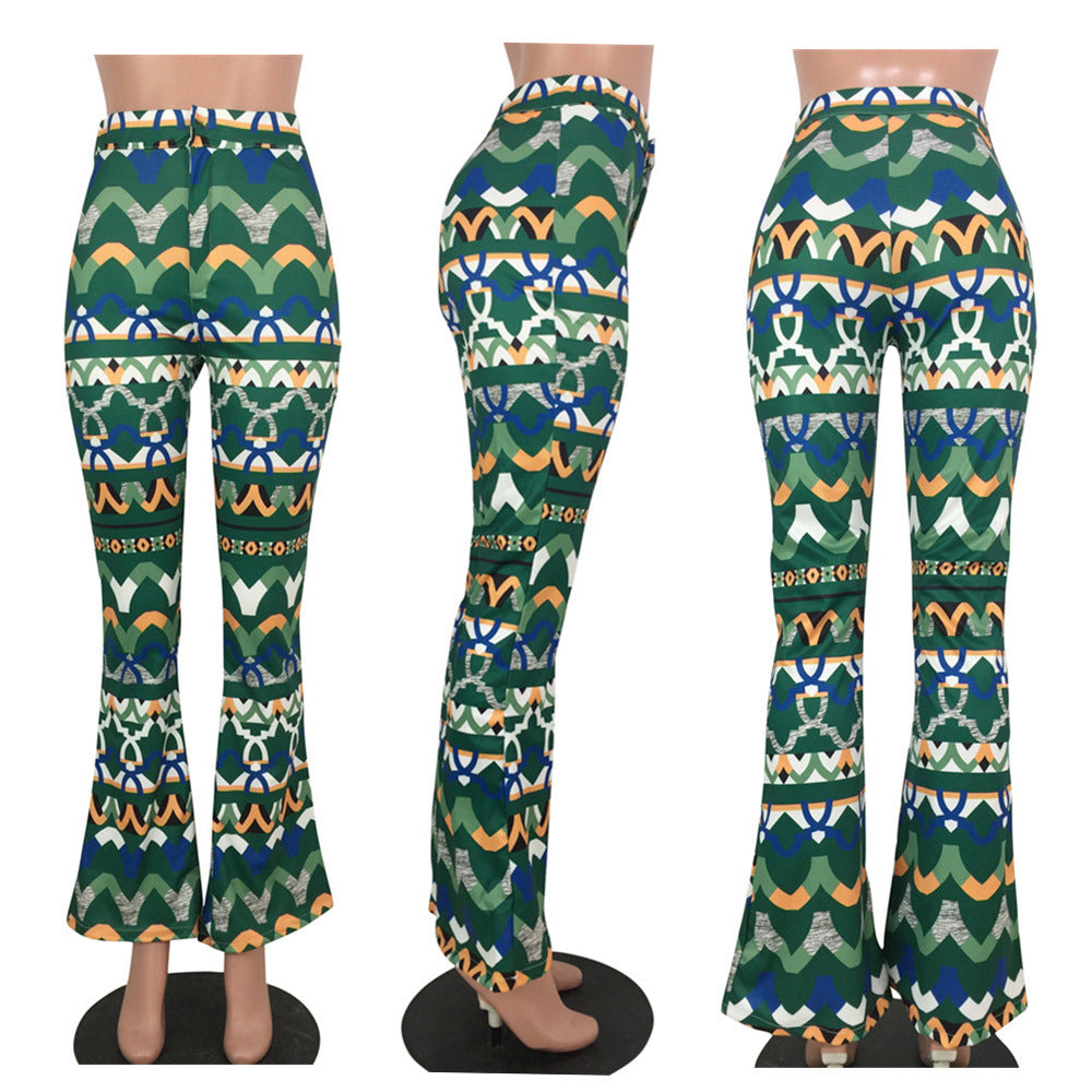 Yt3073 Fashionable Floral Print Green Leisure Pants Women's Printed Micro Trumpet Trousers