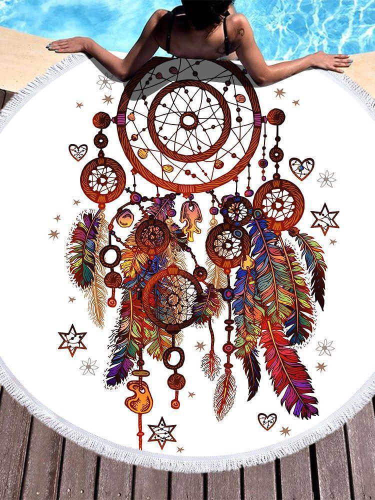 Dream Catcher Feather Round Yoga Mat Print Tassel Beach Towel