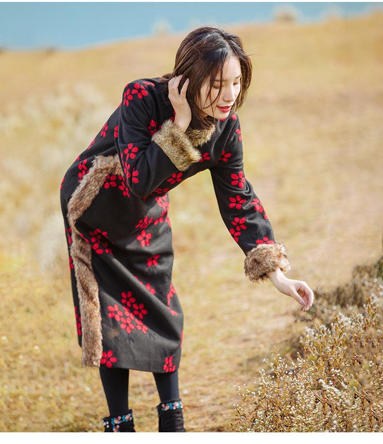 Chinese National Style Vintage Floral Long Woolen Outwear Coat