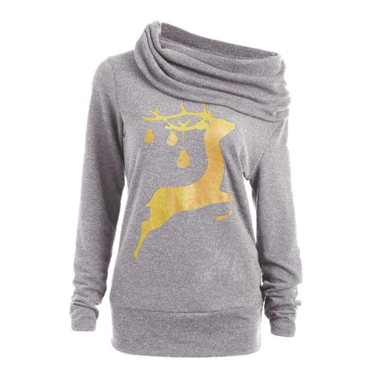 Christmas Deer Printed Heap Collar Long Sleeve Hoodie