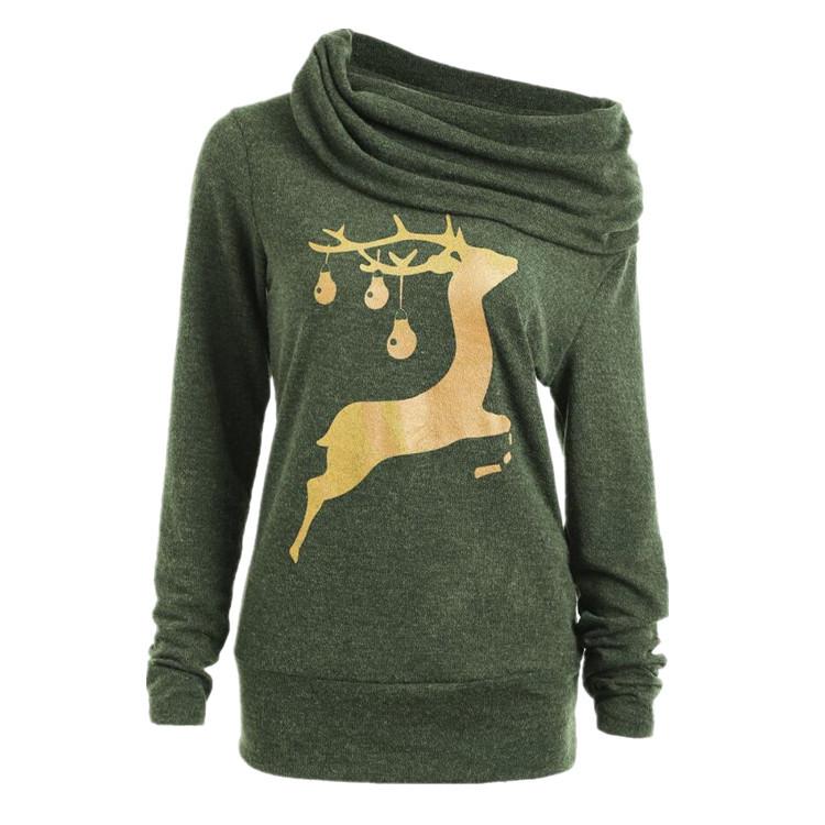 Christmas Deer Printed Heap Collar Long Sleeve Hoodie