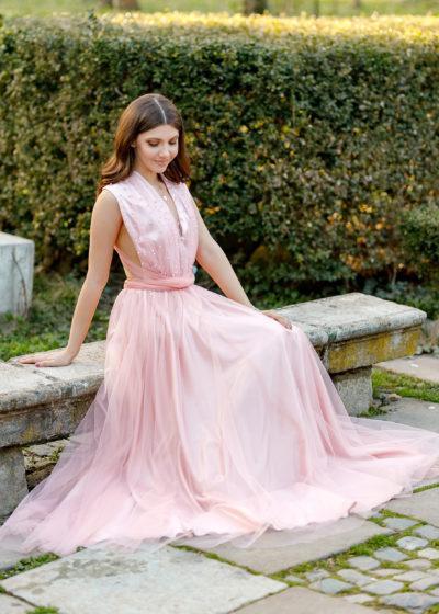 Pink Deep V Neck Sleeveless Lace Evening Maxi Dress