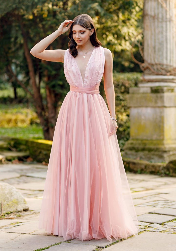 Pink Deep V Neck Sleeveless Lace Evening Maxi Dress