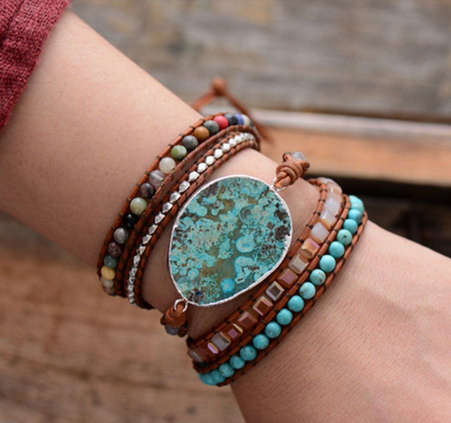 Bohemian Handmade Natural Stones Leather Wrap 5 Layer Bracelet