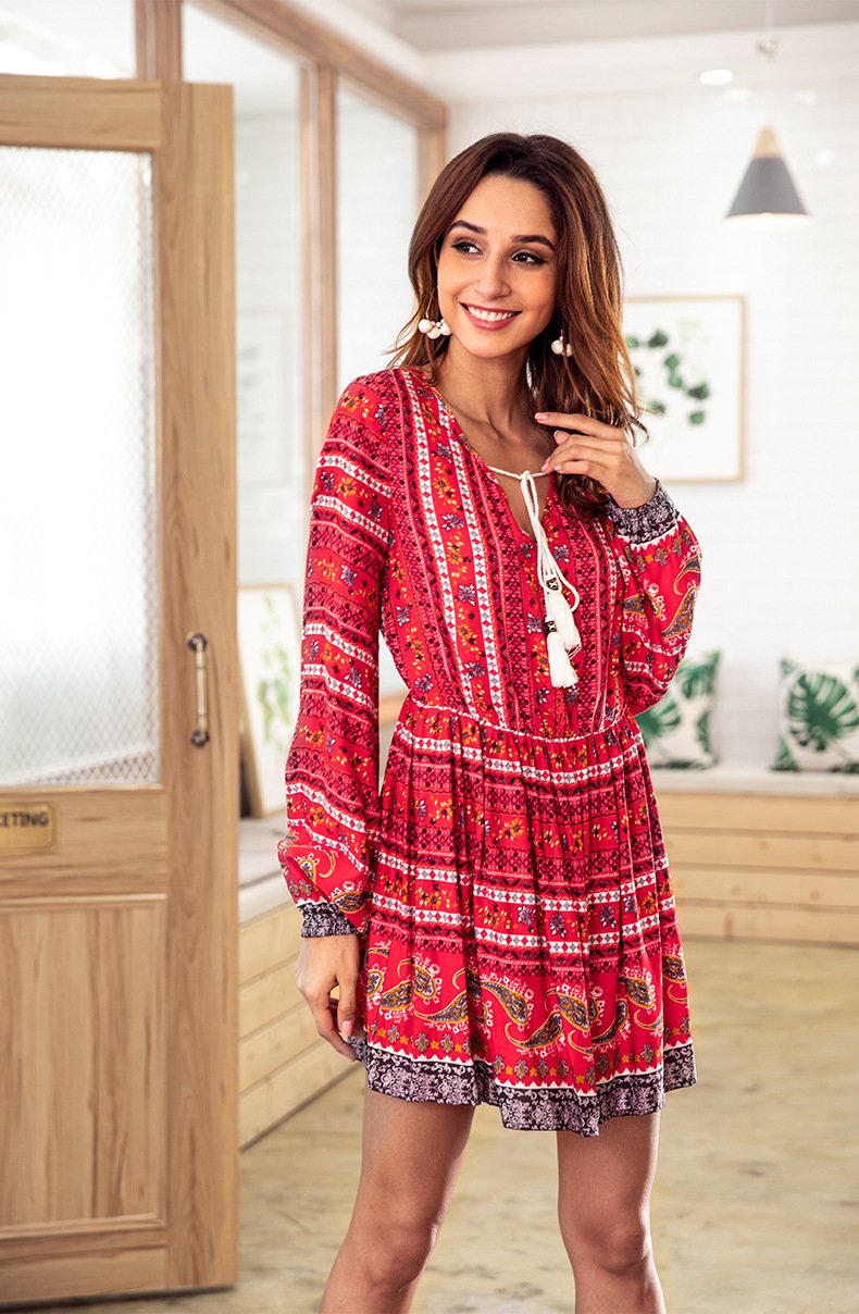 Bohemia Long Sleeve V-neck Floral Tassel Mini Dress