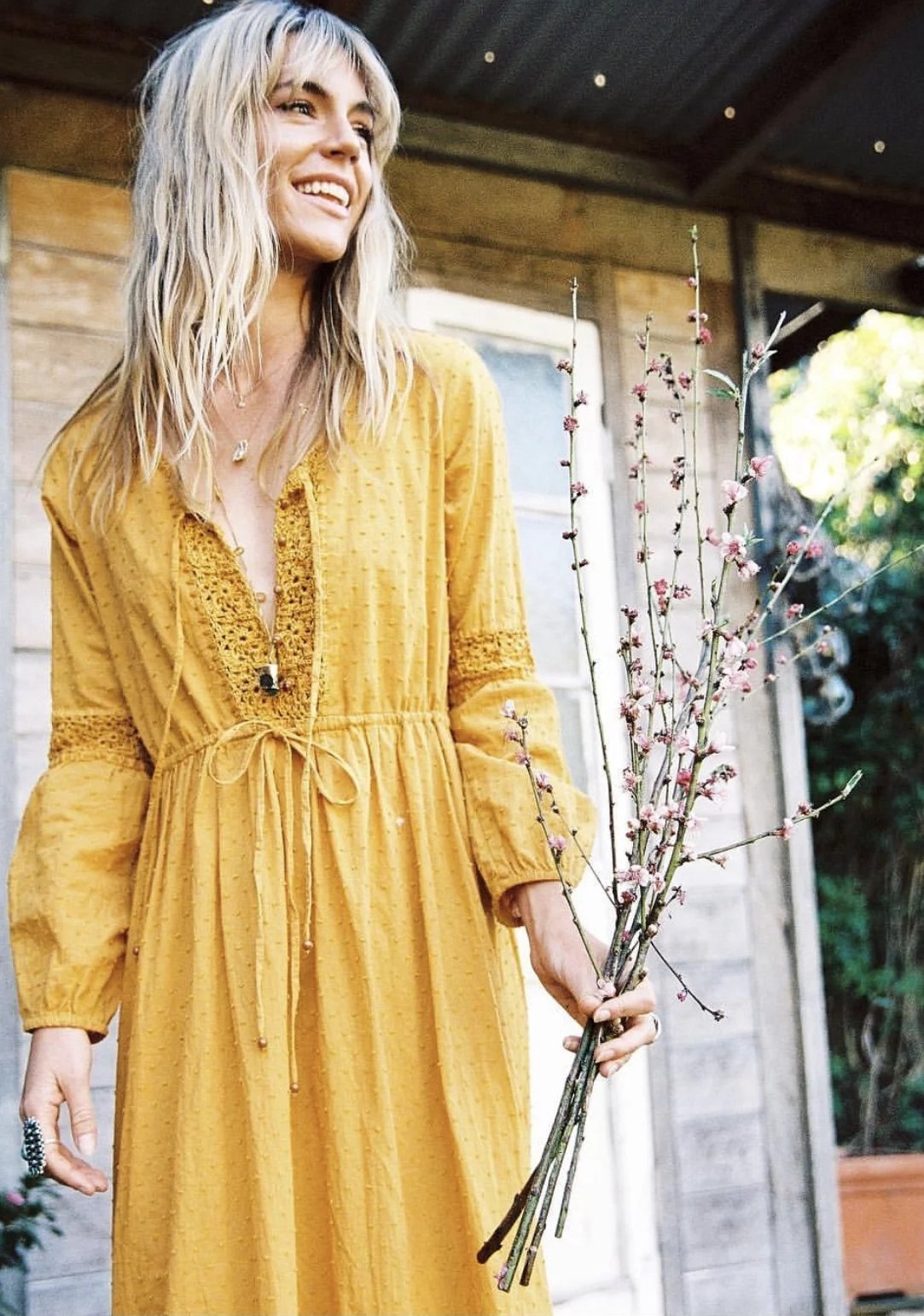 Yellow V Neck Long Sleeve Bohemia Maxi Dress